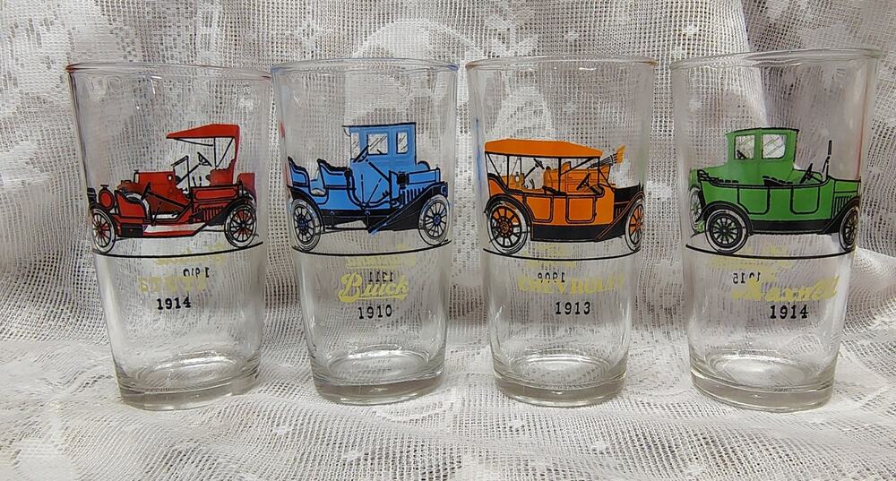 Vintage Hazel Atlas Antique Car Drinking Tumbler Glasses Set Of 4 Barware